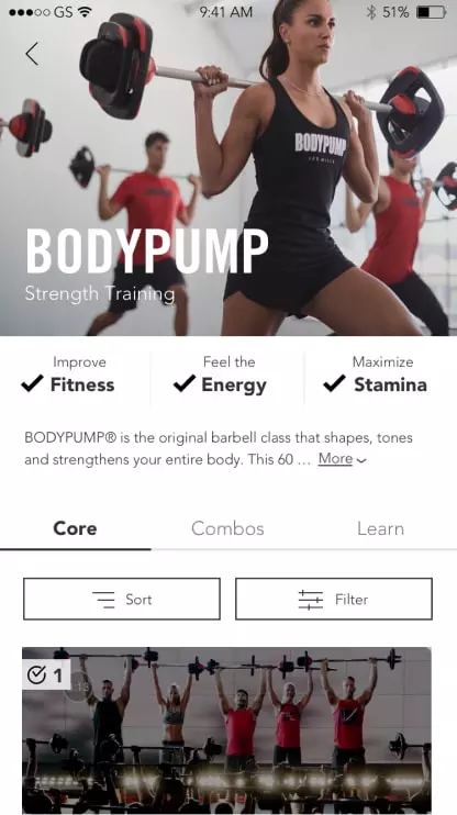 Screenshot of Les Mills mobile app user dashboard in view three