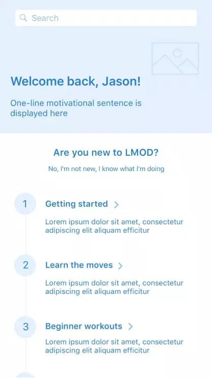 Mid-fidelity wireframe of Les Mills mobile app, designed and developed by AgilityIO in view three